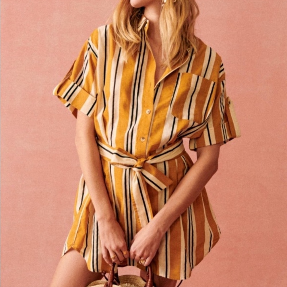 Sézane sz S Celia Striped Shirt Dress in Ochre Ecru Belted Oversized - Picture 2 of 9